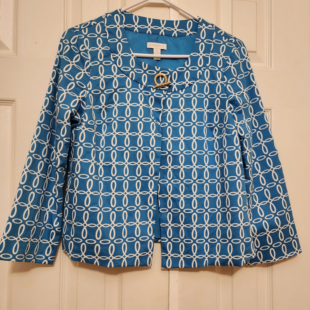 Charter Club Blue and White Blazer/Jacket 3/4 Sleeve Women's Size Medium